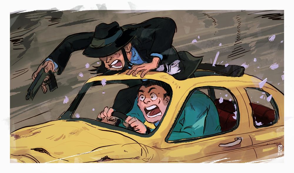 A redraw in my art style of a screen shot from Lupin the Third. Two people insice a yellow car, glass from windows are crushed. Man 1 is standing outside roof window of car with a gun while Man 2 is steering the car which appears to be in some sort of chase.