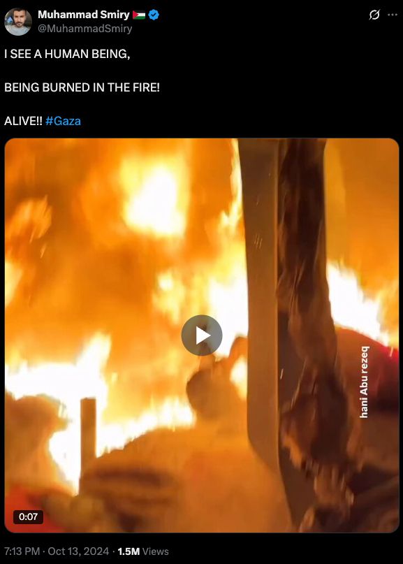 Muhammad Smiry
@MuhammadSmiry
I SEE A HUMAN BEING,
BEING BURNED IN THE FIRE!
ALIVE!! #Gaza