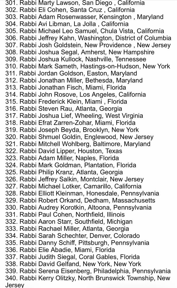 301. Rabbi Marty Lawson, San Diego, California
302. Rabbi Eli Cohen, Santa Cruz, California
303. Rabbi Adam Rosenwasser, Kensington, Maryland
304. Rabbi Avi Libman, La Jolla, California
305. Rabbi Michael Leo Samuel, Chula Vista, California
306. Rabbi Jeffrey Kahn, Washington, District of Columbia
307. Rabbi Josh Goldstein, New Providence, New Jersey
308. Rabbi Joshua Segal, Amherst, New Hampshire
309. Rabbi Joshua Kullock, Nashville, Tennessee
310. Rabbi Mark Sameth, Hastings-on-Hudson, New York
311. Rabbi Jordan Goldson, Easton, Maryland
312. Rabbi Jonathan Miller, Bethesda, Maryland
313. Rabbi Jonathan Fisch, Miami, Florida
314. Rabbi John Rosove, Los Angeles, California
315. Rabbi Frederick Klein, Miami, Florida
316. Rabbi Steven Rau, Atlanta, Georgia
317. Rabbi Joshua Liet, Wheeling, West Virginia
318. Rabbi Efrat Zarren-Zohar, Miami, Florida
319. Rabbi Joseph Beyda, Brooklyn, New York
320. Rabbi Shmuel Goldin, Englewood, New Jersey
321. Rabbi Mitchell Wohlberg, Baltimore, Maryland
322. Rabbi David Lipper, Houston, Texas
323. Rabbi Adam Miller, Naples, Florida
324. Rabbi Mark Goldman, Plantation, Florida
325. Rabbi Philip Kranz, Atlanta, Georgia
326. Rabbi Jeffrey Salkin, Montclair, New Jersey
327. Rabbi Michael Lotker, Camarillo, California
328. Rabbi Elliott Kleinman, Honesdale, Pennsylvania
329. Rabbi Robert Orkand, Dedham, Massachusetts
330. Rabbi Audrey Korotkin, Altoona, Pennsylvania
331. Rabbi Paul Cohen, Northfield, Illinois
332. Rabbi Aaron Starr, Southfield, Michigan
333. Rabbi Rachael Miller, Atlanta, Georgia
334. Rabbi Sarah Schechter, Denver, Colorado
335. Rabbi Danny Schiff, Pittsburgh, Pennsylvania
336. Rabbi Elie Abadie, Miami, Florida
337. Rabbi Judith Siegal, Coral Gables, Florida
338. Rabbi David Gelfand, New York, New York
339. Rabbi Serena Eisenberg, Philadelphia, Pennsylvania
340. Rabbi Kerry Olitzky, North Brunswick Township, New Jersey