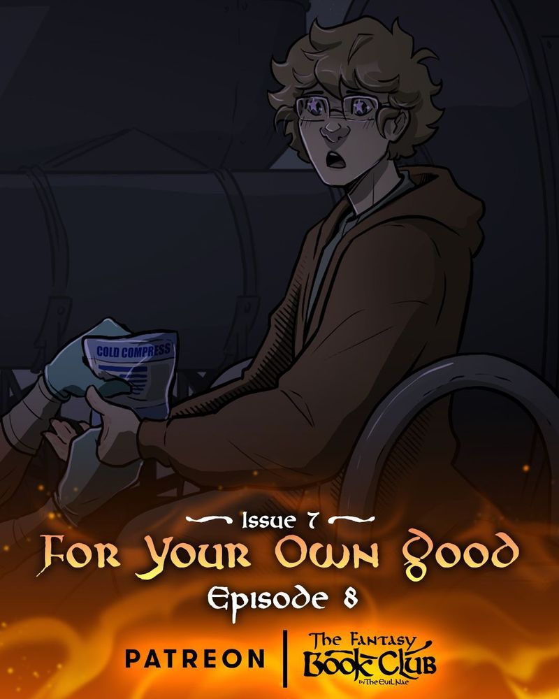 Image - Preview of art from Issue 6 Episode 8 of TFBC shows Drew with stars in his eyes looking excited. 

Text - Issue 7: For Your own Good, Episode 8
Patreon - The Fantasy Book Club