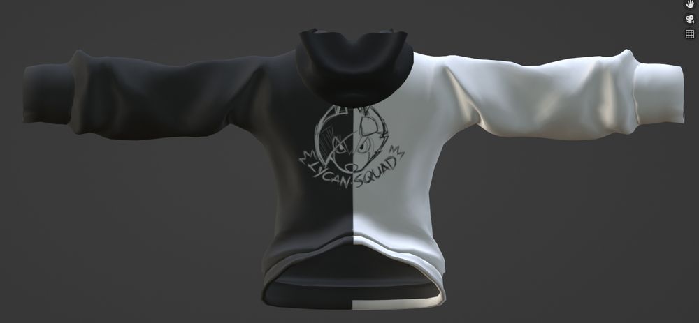A screenshot of a 3D rendering software that shows an image of a custom designed hoodie depicting a custom lycanroc icon, and the text "Lycan-Squad" written on the bottom; Back View.