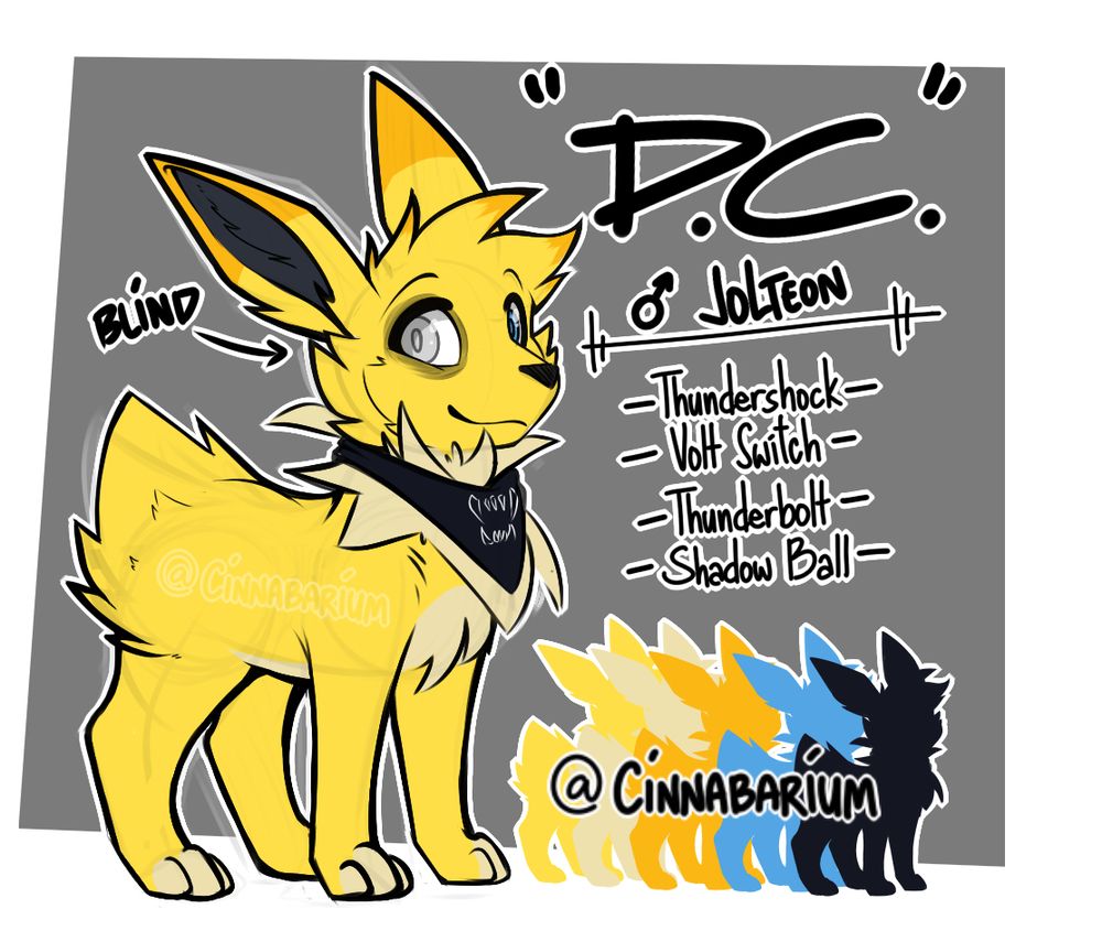 A drawn picture of a male Jolteon character named "D.C." wearing a black bandana; Visually impaired on his right eye.