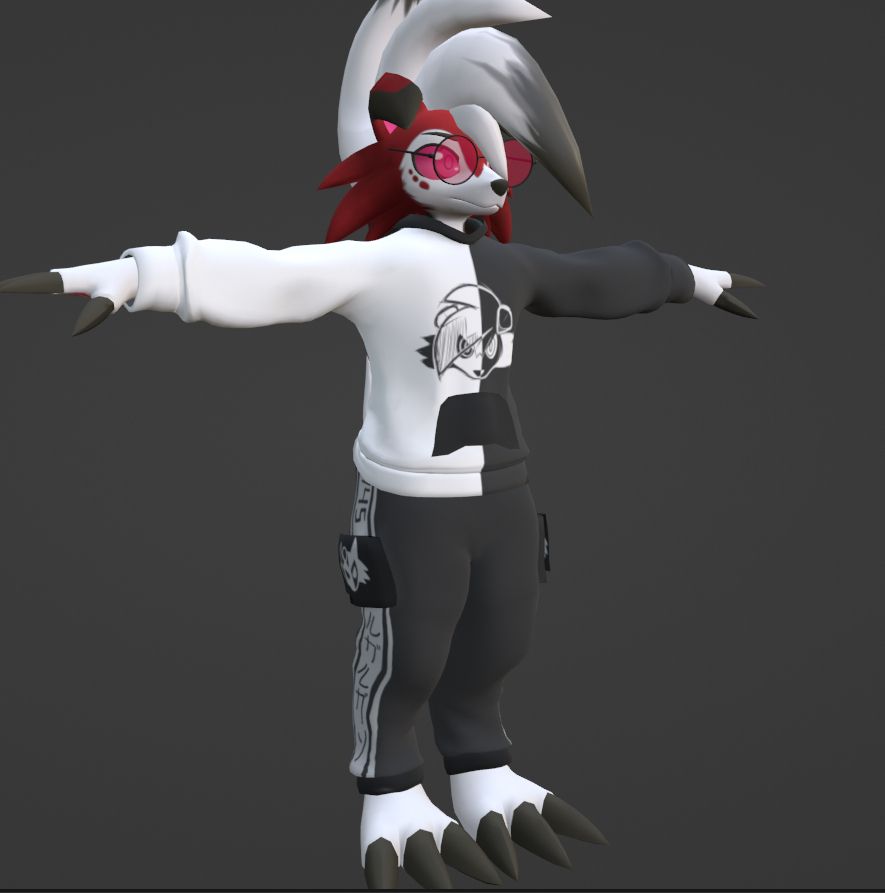 A screenshot of a 3D rendering software that shows an image of a lycanroc character wearing a custom designed hoodie depicting a custom lycanroc icon, and pants with the japanese text "ルガルガン" , #745, and the Lycanium-Z icon drawn on the side of the pants.