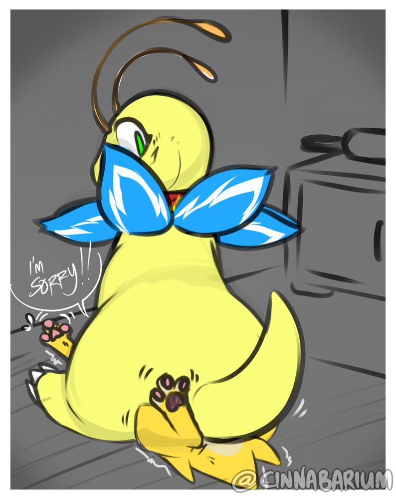 a drawn artwork of a Jolteon character being sat on by a Meganium character with a text box that says "I'm sorry!" pointing towards the Jolteon.