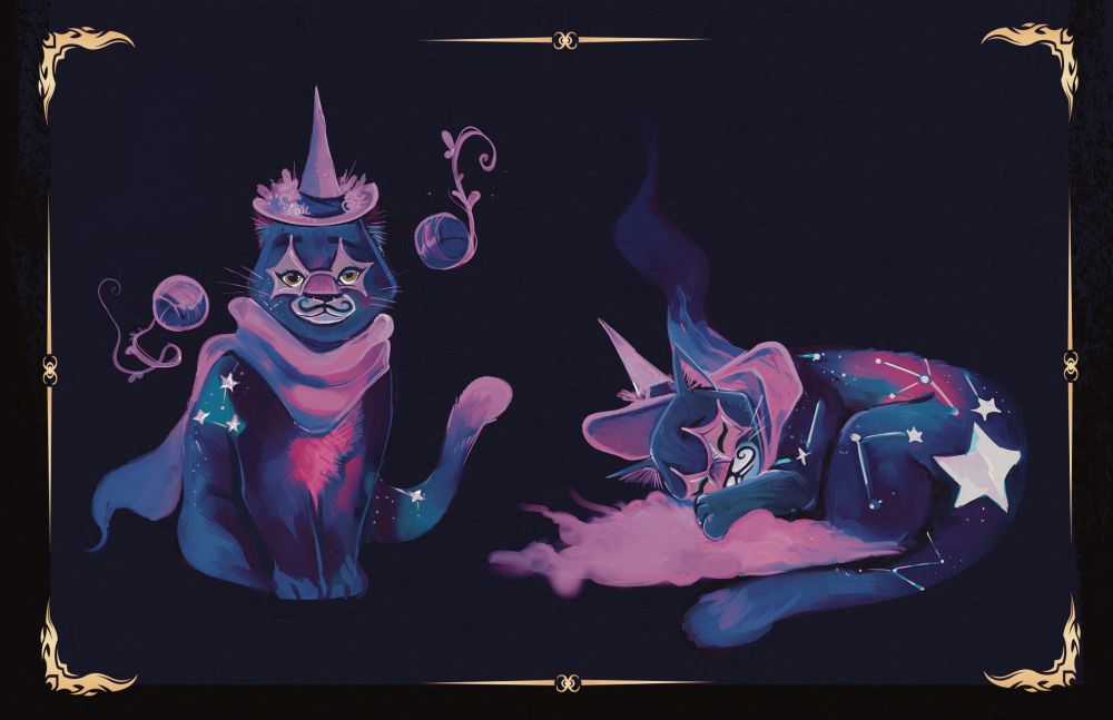 Drawing of a cat from A Good Night's Rest. The left side has a purple cat, Turnip, sitting up facing toward the screen. They are wearing a purple witch's hat with spider web-like markings around the eyes, a purple nose, and white markings around the mouth. They are wearing a light purple cape and have hints of stars on the back and tail with two turnip-like orbs floating around their head. On the left is the purple cat laying down on a a cloud sleeping. In the laying down position, you can now see a large star on the base of the tail along with other stars and constilations scattered over the back and tail of the cat. The image is boardered with a gold frame.