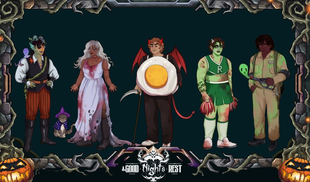 A group photo of the cast of A Good Night's Rest in Halloween costumes on a dark green background. From left to right: Kiki dressed up as a pirate with an eye patch, green pointed ears, a white long sleeve puffy shirt, a black vest, a red belt, red striped pants, black knee high boots, and a purple squid on their shoulder and hands on their hips. Turnip the grey tabby cat with a purple witch's hat and purple star cape. Selene with their arms out and palms facing up with heavy black eye makeup, white long wavy hair, black boots, and a long torn wedding dress with blood spots covering it. Valentin wearing red devil horns, red devil wings, a red devil tail, black and red track pants, and an egg costume with a scythe as a cane. Rowan wearing a white and green cheerleader outfit with an R on the front of the top, red pom poms, white knee high socks, white shoes with blood spatters and a slight green tint on the body. August in a tan jumpsuit with black shoes and holding a green ghost.