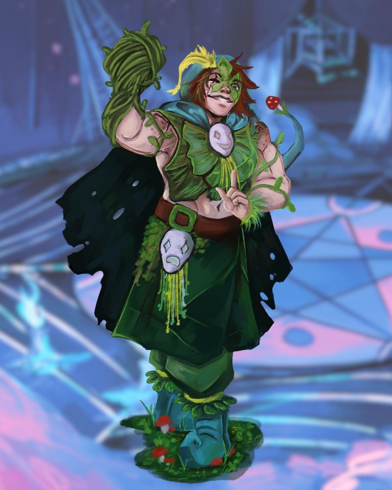 rowan's night form. her outfit is like if a jester had a baby with a forest witch