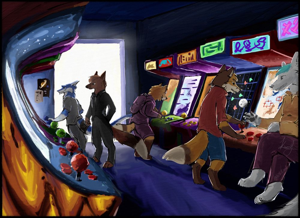 A scene of a dark retro arcade, featuring several anthropomorphic furry characters. 
