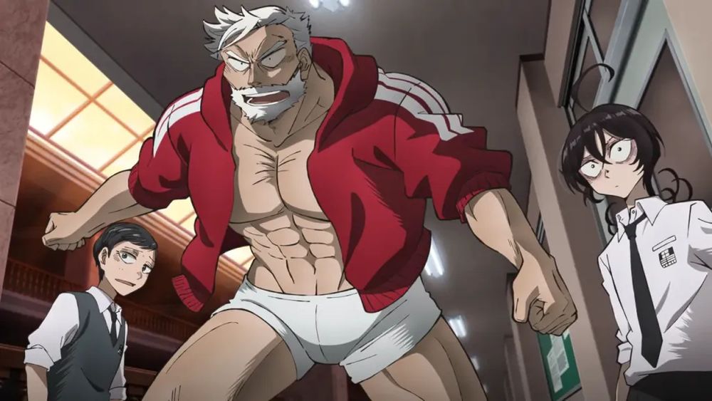 Screenshot from 'Sanda', featuring Sanda himself in his Santa form, along with his friends Hitoshi and Shiori.