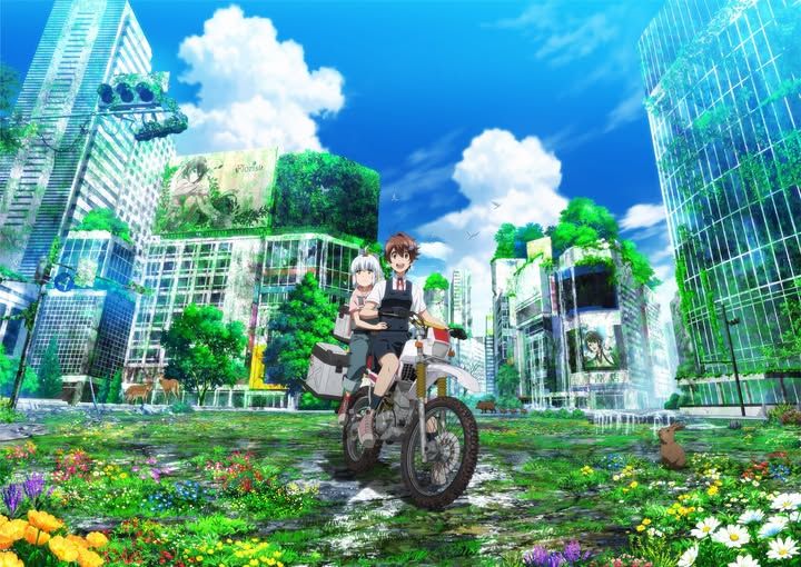 Image of Youko and Airi sat aboard their motorcycle at an overgrown intersection in Shibuya.
