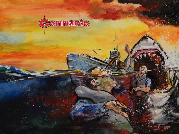 Cover of a Commando comics issue showing a moody painting of wartime USN sailors floating in blood-soaked water while being approached by a shark and a submarine.