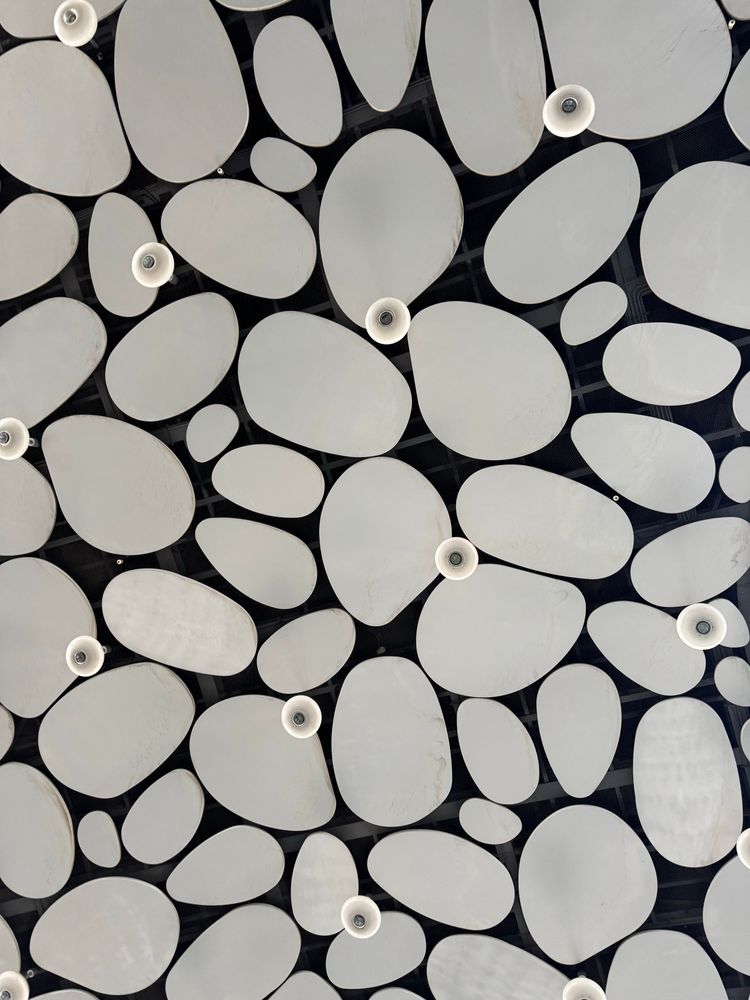 a ceiling made of pebble shapes and oval lights