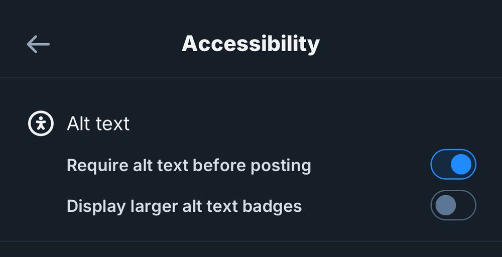 a screenshot of the Accessibility settings in bluesky.

The options shown are:

Alt text:
- Require alt text before posting
- Display larger alt text badges
