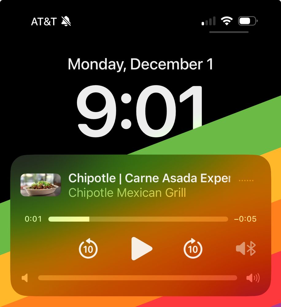 "now playing" on the phone showing "Chipotle Carne Asada"