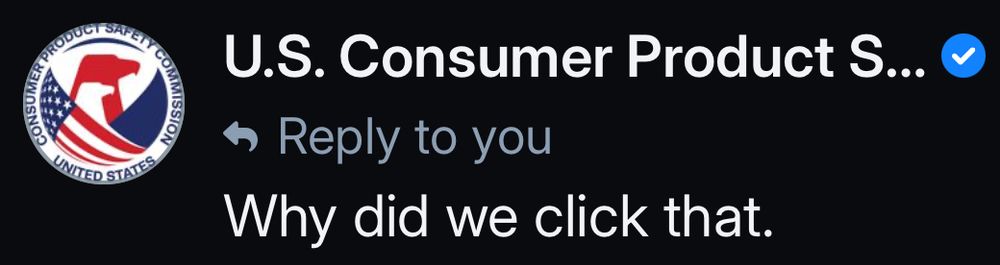a screenshot of the U.S. Consumer Product Safety Commission replying to me with: "Why did we click that."