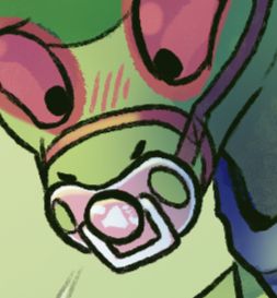 close up of a flygon wearing a pink pacimuzzle with a mute speaker icon on the shield, the flygon is blushing and looking down at their muzzle
