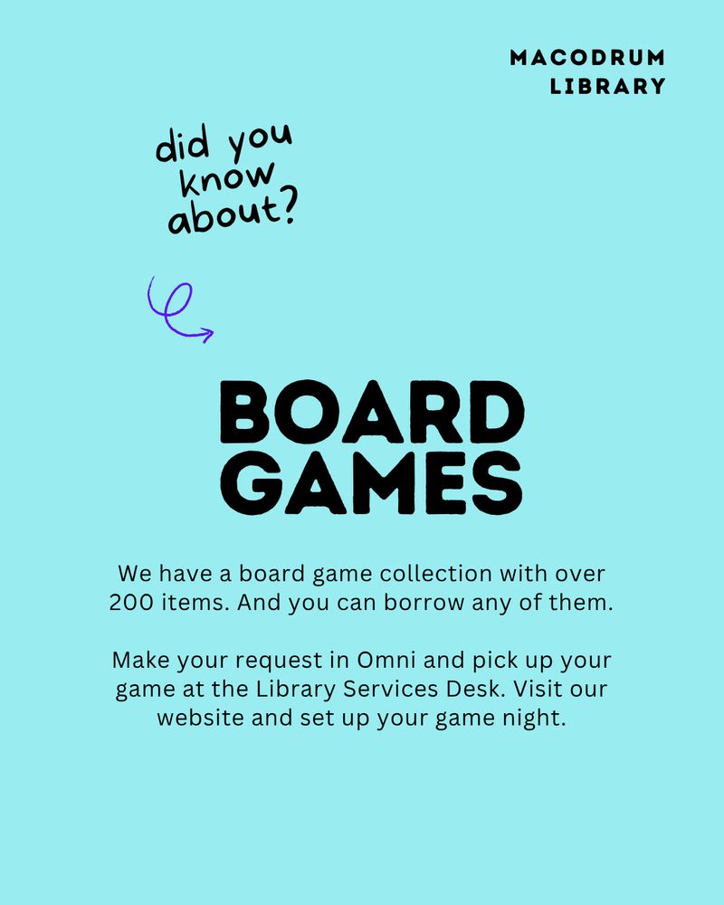 We have a board game collection with over 200 items. And you can borrow any of them.

Make your request in Omni and pick up your game at the Library Services Desk. Visit our website and set up your game night.