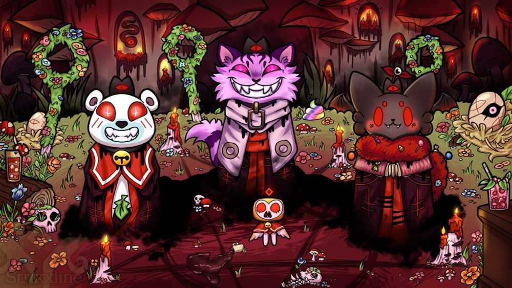 Fan art in the style of Cult of the Lamb. Clean line art with cell and gradient shading. The Lamb character is replaced with an owl OC, who gazes wide-eyed in awe of the three large bishop characters around them. Bishops left to right: The bear, representing Snuggie, the grinning cat, representing GrinningHazard, and the fanged cat, representing QueenClover. The scene around them is a mix of dripping candles and dark ichor with summoning circles drawn in blood, and green flowery ground and decor, brimming with life.
