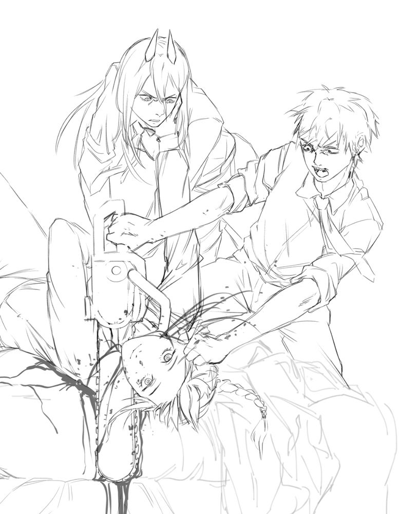 A reimagined version of the painting “Judith slaying Holofernes” but with chainsawman characters. Makima is being slain by a chainsaw held by denji on the right. Power is holding down Makima in the center.
