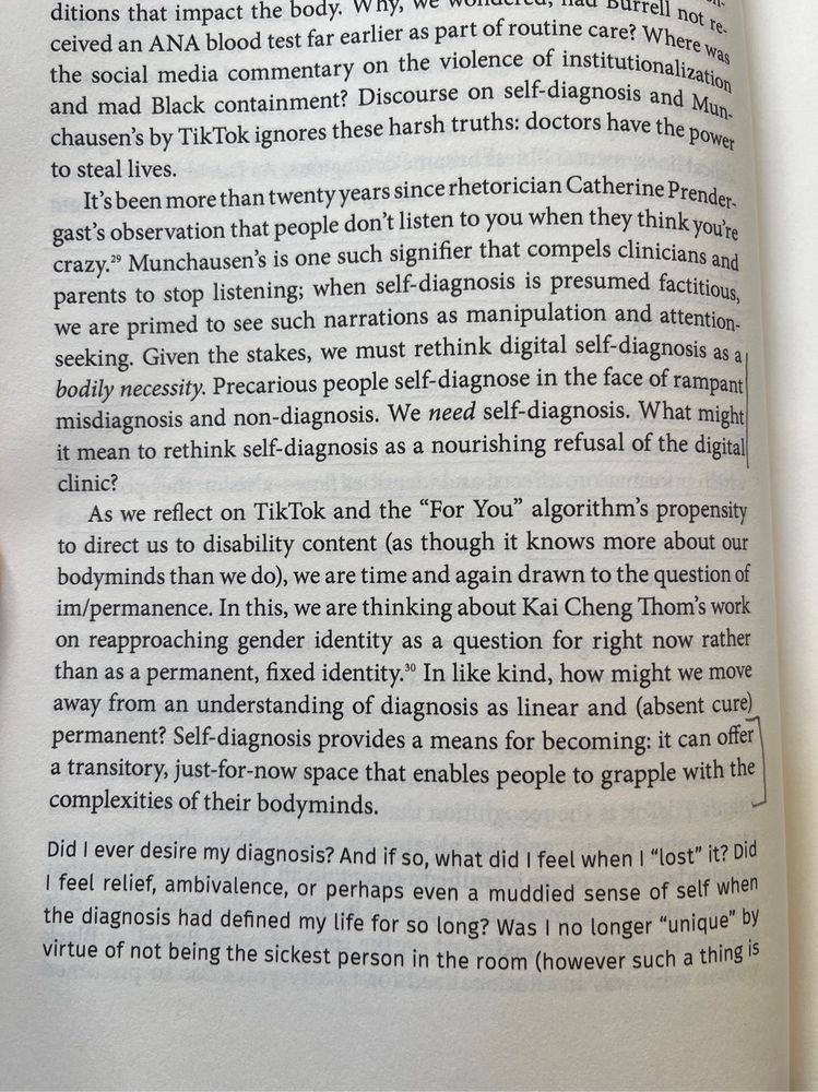 Page 28 of Technoskepticism by DISCO Network. Highlighted passages read “we must rethink digital self-diagnosis as a bodily necessity. Precarious people self-diagnose in the face of rampant misdiagnosis and non-diagnosis. We need self-diagnosis. What might it mean to rethink self-diagnosis as a nourishing refusal of the digital clinic?” and “Self-diagnosis provides a means for becoming: it can offer a transitory, just-for-now space that enables people to grapple with the complexities of their bodyminds.”