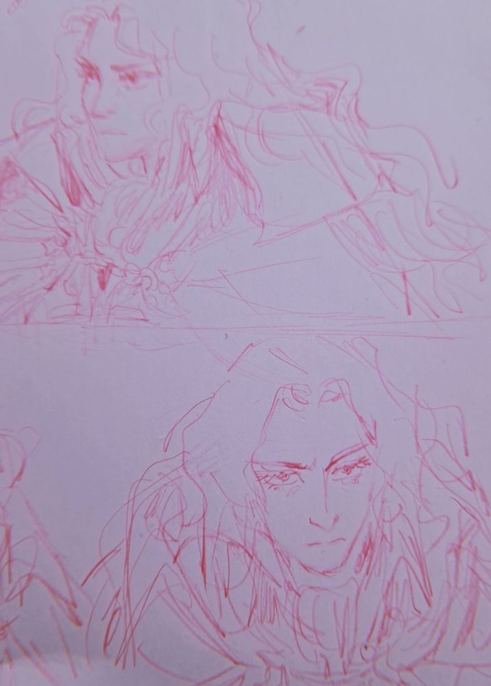 two red pencil sketches of Alucard's sexy face, based on the cover picture of the PS1 Castlevania game Symphony of the night
