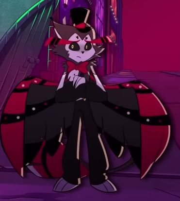 screencap from the Hazbin Hotel episode "Masquerade". Husk wrings his hands and looks deeply regretful [because offscreen, Angel just had a breakdown, partially as a result of what Husk said]