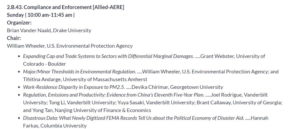 Session agenda for SEA 2.B.43 with five papers on compliance and enforcement.