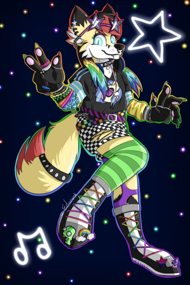 An anthropomorphic fox in a scenecore outfit, an aesthetic that was very popular mid-2000s and early 2010s.
