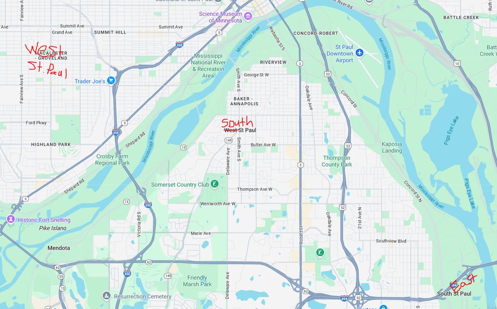 A map of the area south of downtown St. Paul with red lettering replacing some of the existing place names, West St. Paul is written over the Macalester-groveland neighborhood, West is crossed off and replaced with South to make West St. Paul in to South St. Paul and East is added to South St. Paul to make it South East St. Paul.