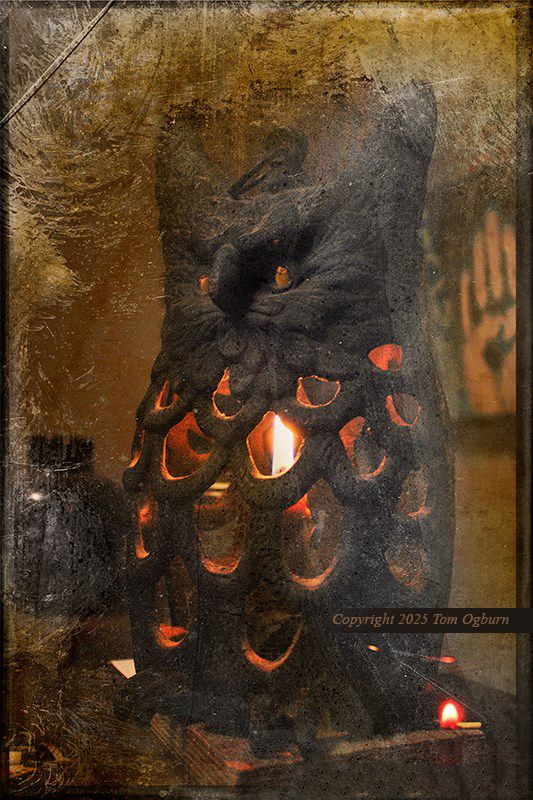 My Owl lantern, made of cast iron, a gift from my sister in 1983. It's perched on my great-great Grandfather's hand-crafted heart pine bookcase, which at the time was on the Hogback ridge in Jerome AZ. It's been with me all over America and then some. Although I love the quote below, this lantern is to me, as important as the illumination. 

“Light is more important than the lantern,
The poem more important than the notebook” 
     ≈ Nizar Qabbani