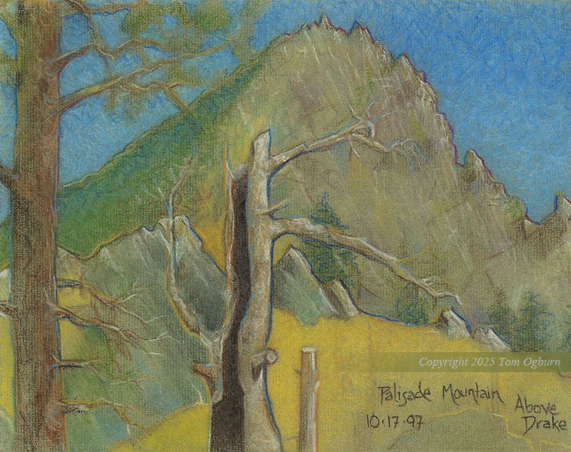 A pastel painting done on site near Drake Colorado in 1997. The scene is of Palisade Mountain, with an old hollow tree in the foreground, a living pine on the right, with rocky outcroppings in the middle ground and the peaks of Palisade in the background. Colors are a brilliant blue sky behind a gray-gold rocky peak and outcroppings, and a golden tall grass field I’d knocked out my original note at bottom years back on Photoshop so you didn’t see the words anymore. Until I found this scan just now, I’d logged it in my head that this was drawn up around Pike’s Peak