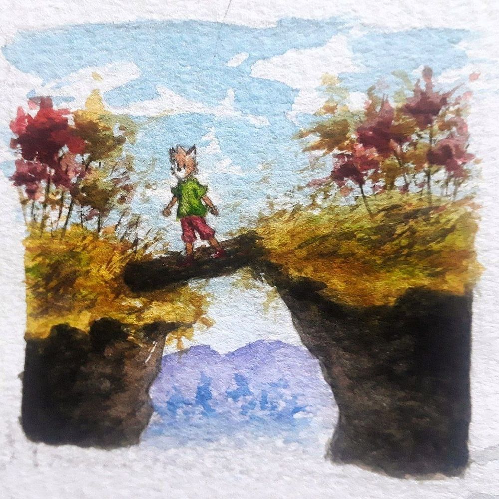 A furry character crossing a cliff with an old tree trunk