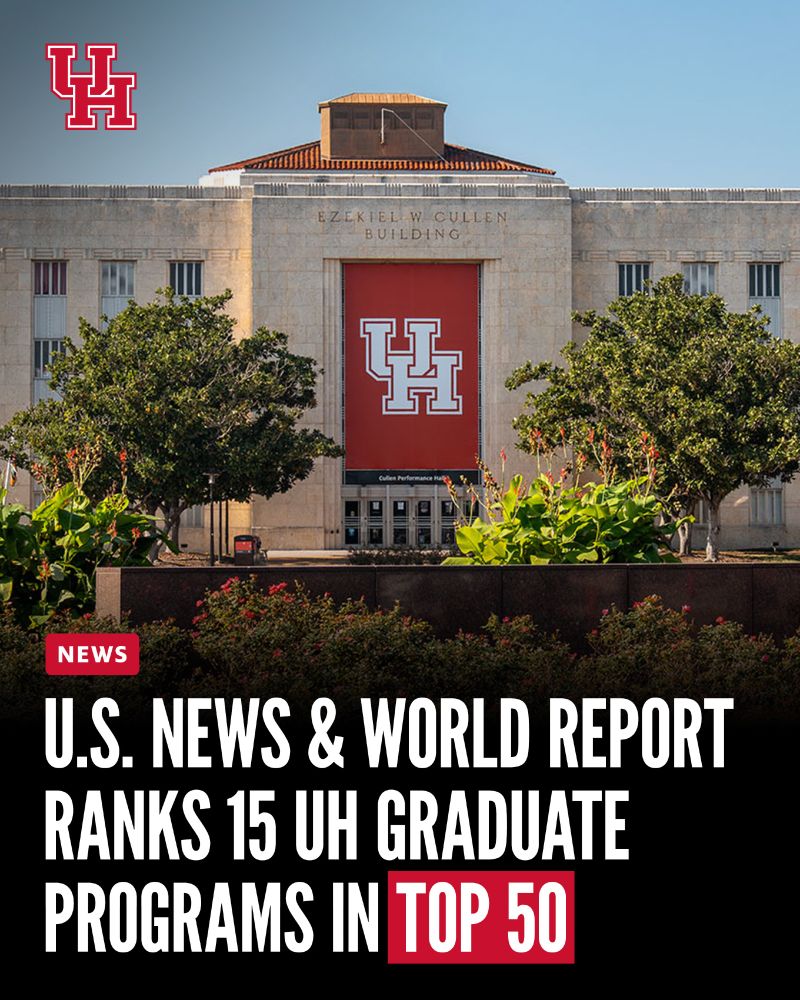Graphic with photo of Cullen Performance Hall’s UH banner that says, “U.S. News & World Report Ranks 15 UH Graduate Programs in Top 50.”