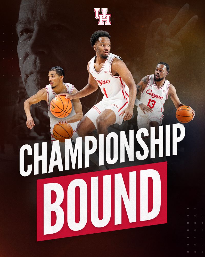 Graphic with photos of Milos Uzan, L.J. Cryer, J’Wan Roberts and Coach Kelvin Sampson with text that reads “championship bound.”