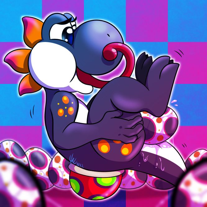 A black yoshi with yellow and orange spots is rocking on her shell while popping out a bunch of eggs.