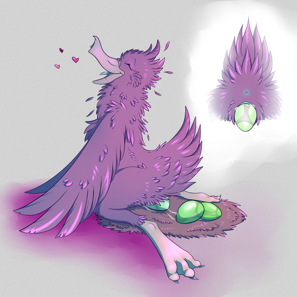 A purple waterfowl happily lays a clutch of green eggs.