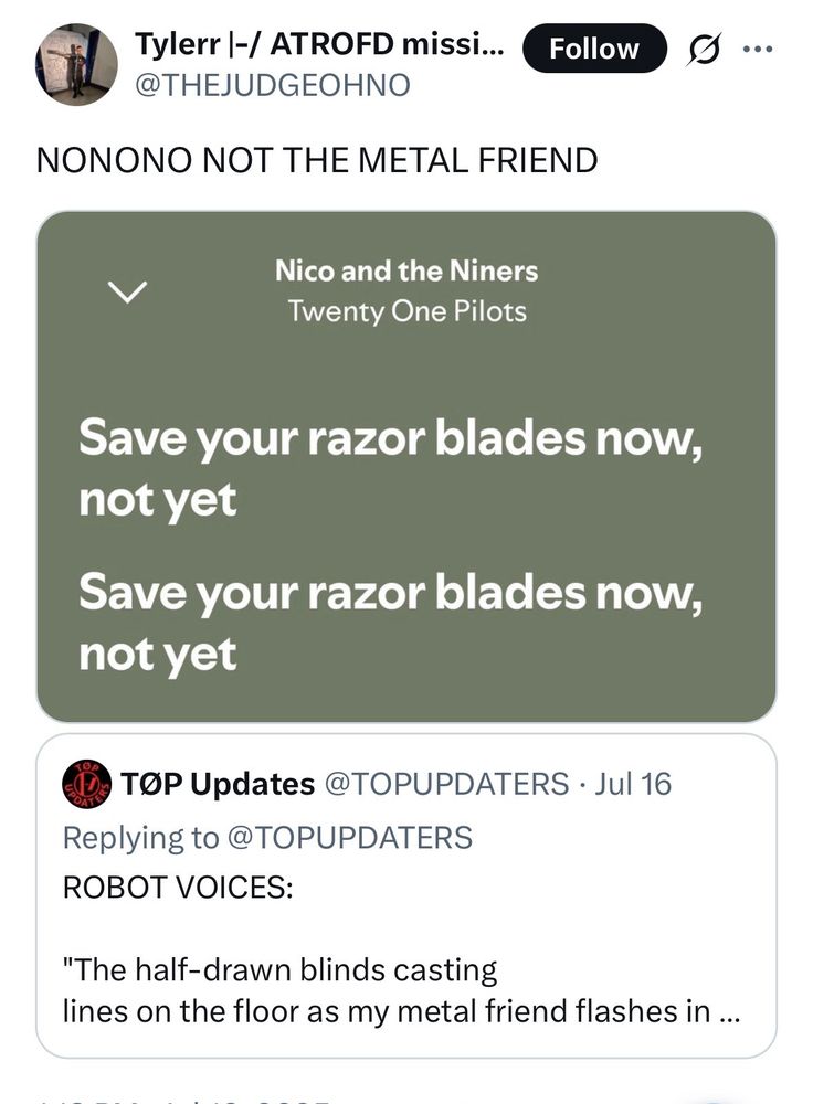 screenshot of a post from X that says "NONONO NOT THE METAL FRIEND" referencing a lyric, "the half drawn blinds casting lines on the floor as my metal friends flashes in time" from the song (to be released in september) Robot Voices by twenty one pilots 