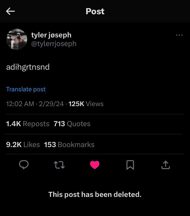 screenshot of a now deleted post by tyler joseph from X that says "adihgrtnsnd"