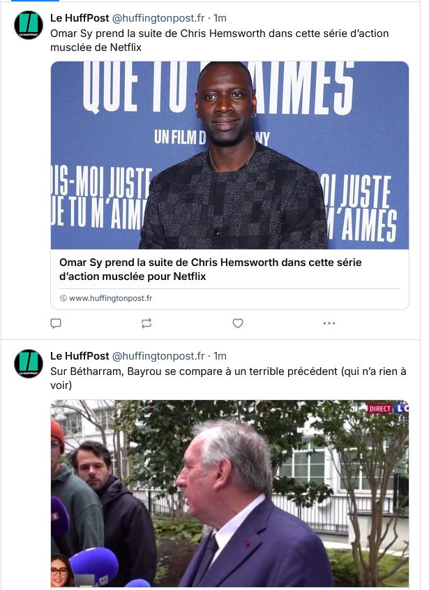 Capture d'écran de posts BlueSky du Huffingtonpost. Le premier : "Omar Sy prend la suite de Chris Hemsworth dans cette série d'action musclée de Netflix", le deuxième : "Sur Bétharram, Bayrou se compare à un terrible précédent (qui n'a rien à voir). 