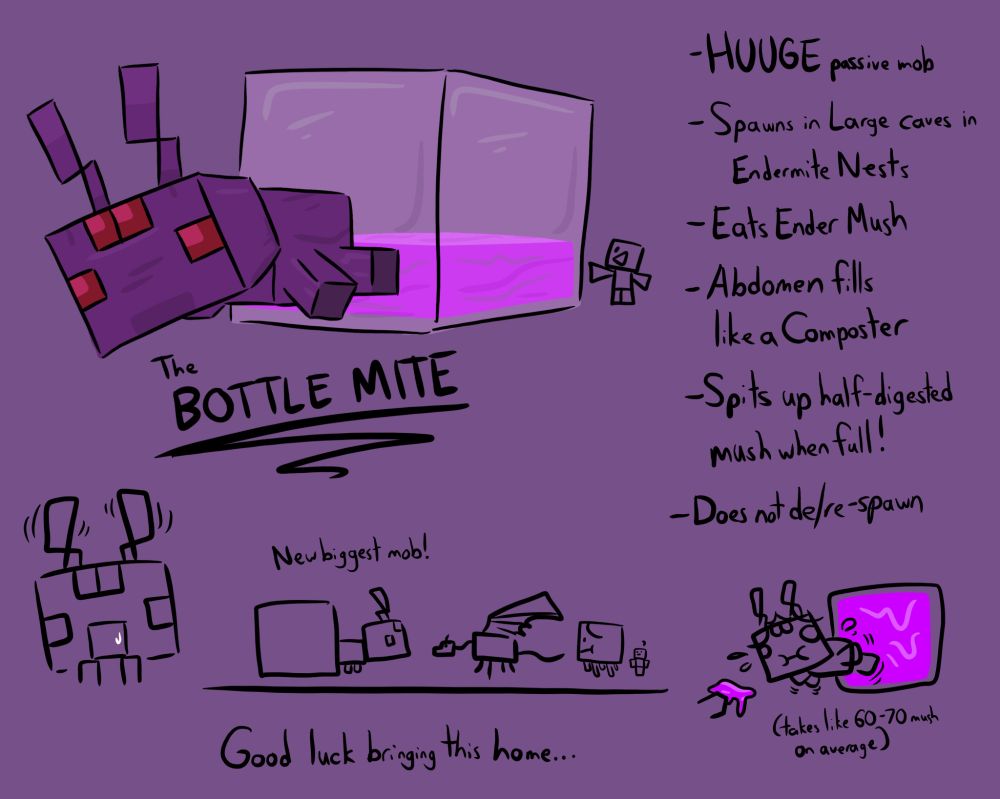 A drawing of a gigantic purple Honeypot Ant-resembling endermite, named the Bottle Mite. Text reads "HUUGE passive mob, Spawns in Large caves in Endermite Nests, Eats Ender Mush, Abdomen fills like a Composter, Spits up half-digested Mush when full!, Does not de/re-spawn". A player is shown from the back standing in front of a Bottle Mite, dwarfed by its head while its antennae wiggle. A Bottle Mite is shown next to an Ender Dragon, a Ghast and a Player for height, reading "Good lucking bringing this home...". Lastly, a Bottle Mite with its abdomen full of Ender Mush is wiggling its arms and looking upset, being offered more, with text reading "(Takes like 50-60 mush on average)".