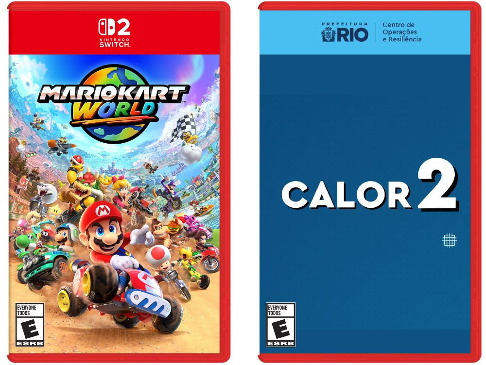 Do lado esquerdo a capa do jogo Mario Kart World pra Switch 2. Uma faixa vermelha escrito Switch 2 acima e a capa do jogo abaixo.

Do lado direito uma montagem semelhante: Na faixa acima o símbolo da prefeitura do Rio e abaixo o texto em branco escrito "Calor 2"