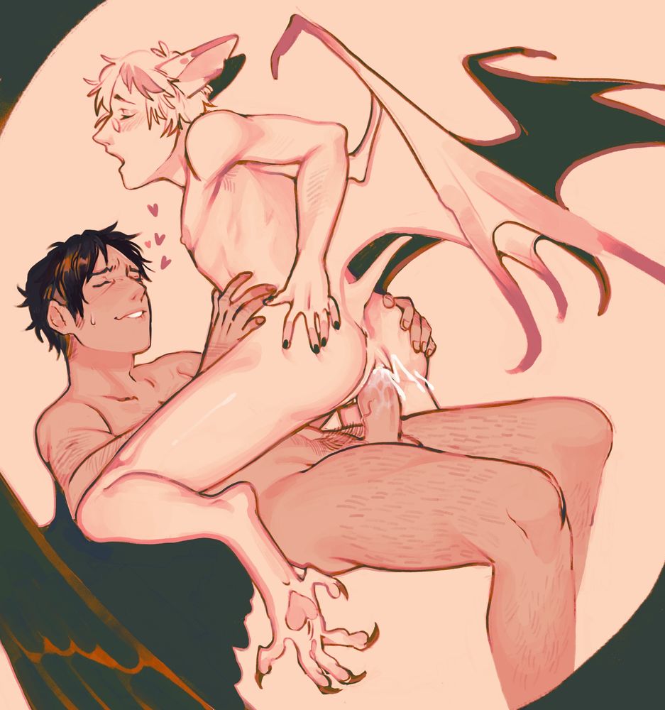 dodger, a bat humanoid, rides their partner jericho’s cock as he holds them steady. jericho is a bird humanoid. the two of them have their eyes shut in pleasure, dodger’s mouth hanging open while jericho bites his lip and grins. 