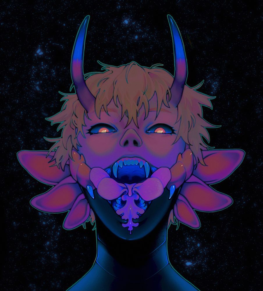 a bust of dodger from an AU where they are a centipede naga. their mouth is open, showing off their intricate flower-shaped tongue. they are depicted in saturated colours on a dark background. 