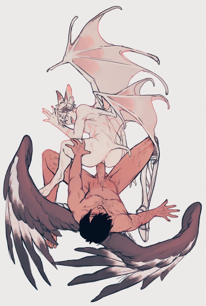 jericho and dodger depicted from above, with dodger curled up in pleasure as jericho penetrates them. jericho notably has a prosthetic leg at this point, an injury sustained not long into their relationship. 