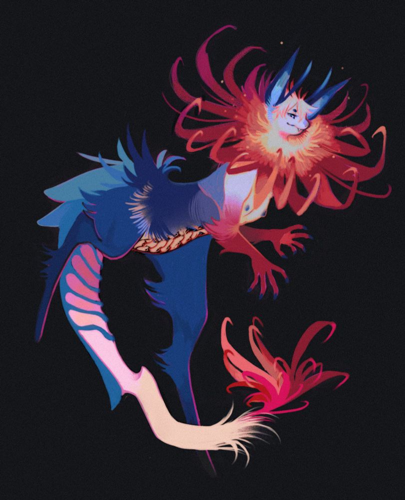 a mainly blue and pink creature with a large tail ending in what looks like a pink blossom; their neck has an even larger one billowing from it. 
