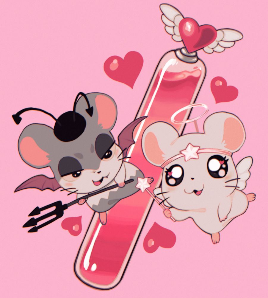 spat and harmony from the game hamham heartbreak flying together on a pink background, with a love meter behind them 
