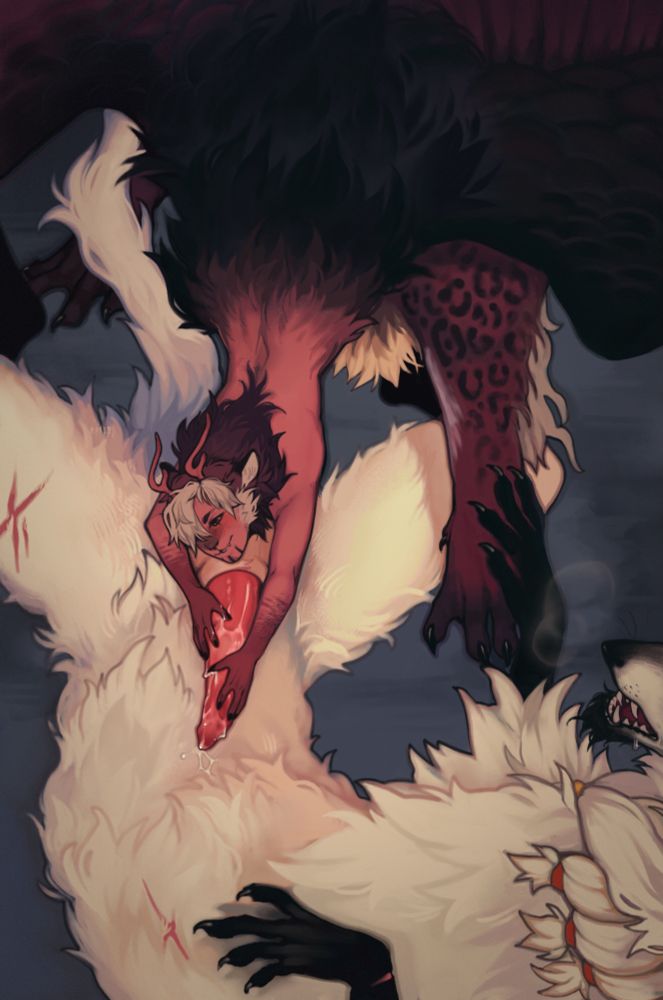a large, red-hued dragon with leopard spots lays between the legs of an equally large white furred dragon who lays on his back. the leopard dragon, in place of a typical dragon’s neck, has instead a human-shaped body, which he uses to lovingly stroke his partner’s cock. the white furred dragon lays back and pants with pleasure as he holds the other’s paw.
