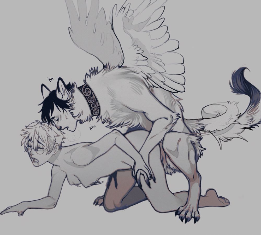 jericho, a sphinx-like creature, mounts dodger from behind while holding their hips with his clawed hands. dodger’s tits swing as he fucks them from behind, both of them panting with pleasure. 