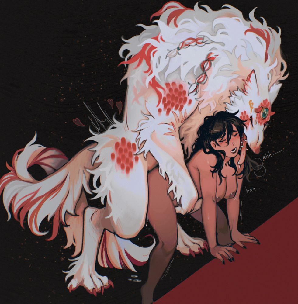 conrad, a giant white and red hound-like beast, mounts his wife, kelly. kelly is leant over a red surface, with conrad’s paws hooked around her hips. 