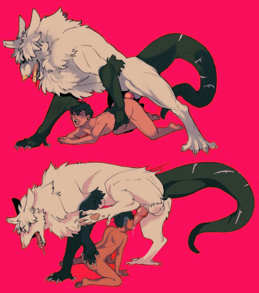 two scenes of kodi, a monstrous quadrupedal dragon, and his traveling companion, eli. the top scene depicts kodi mounting eli and holding his waist; the bottom scene depicts kodi lifting his leg for eli for a heated blowjob. 